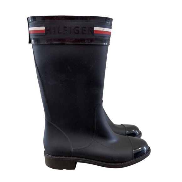 Tommy Hilfiger Black Calf Height Stripe Top Rain Boots 7 - Picture 1 of 8
